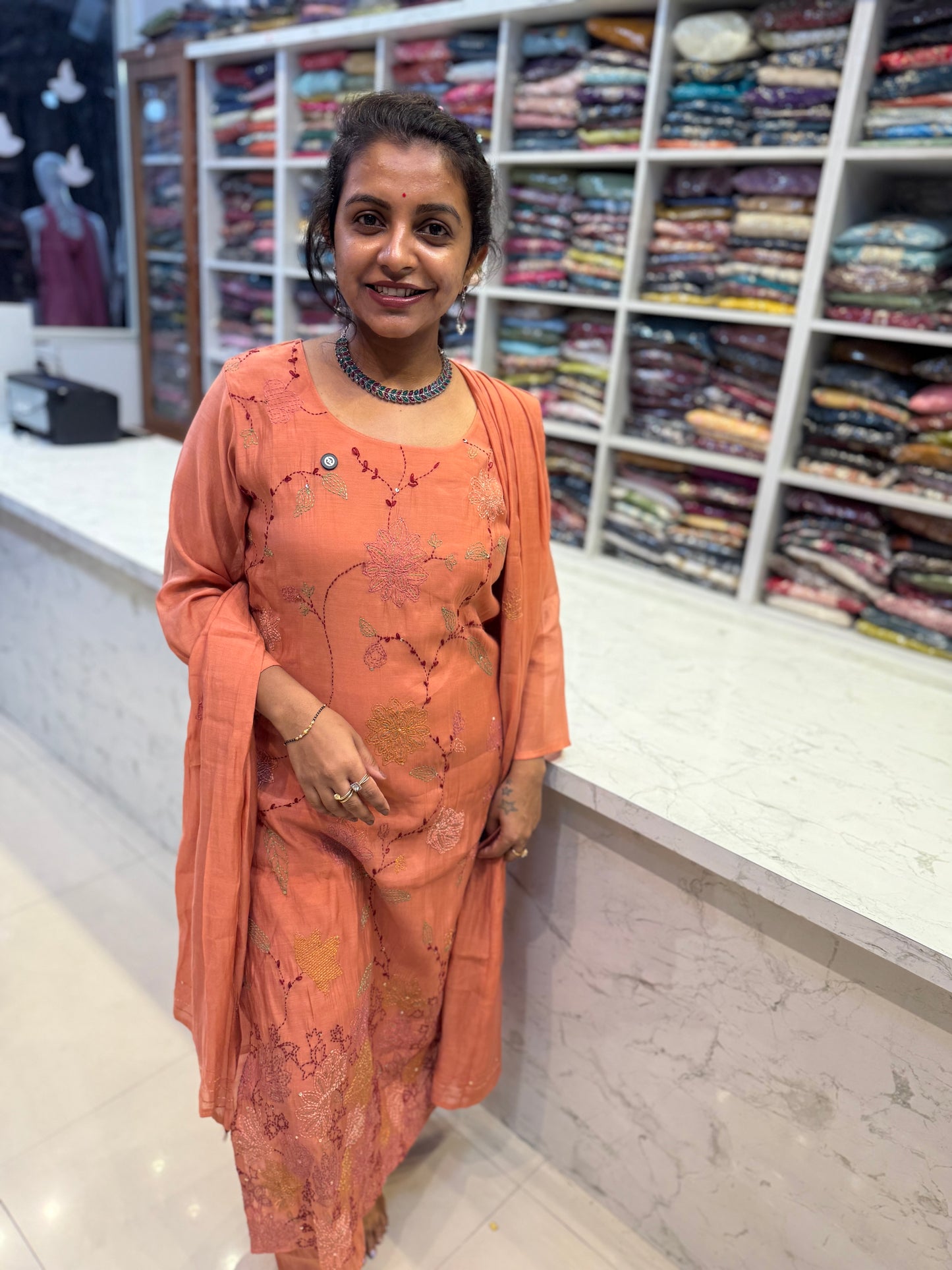 Peach Orange Mul Chanderi Thread Embroidery Kurti with Pant and Dupatta