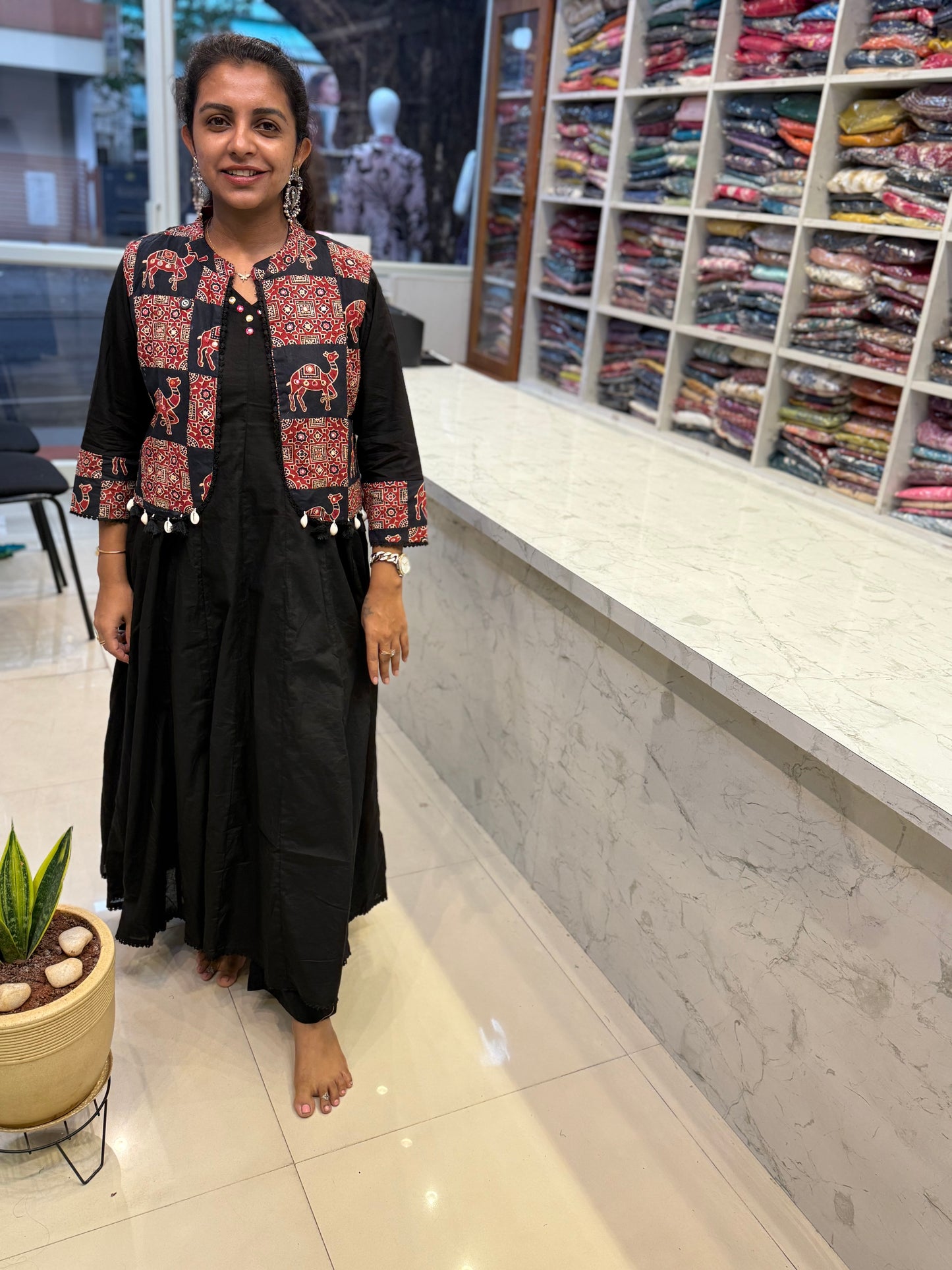 Camel Black Jacket Anarkali Kurti with Pant