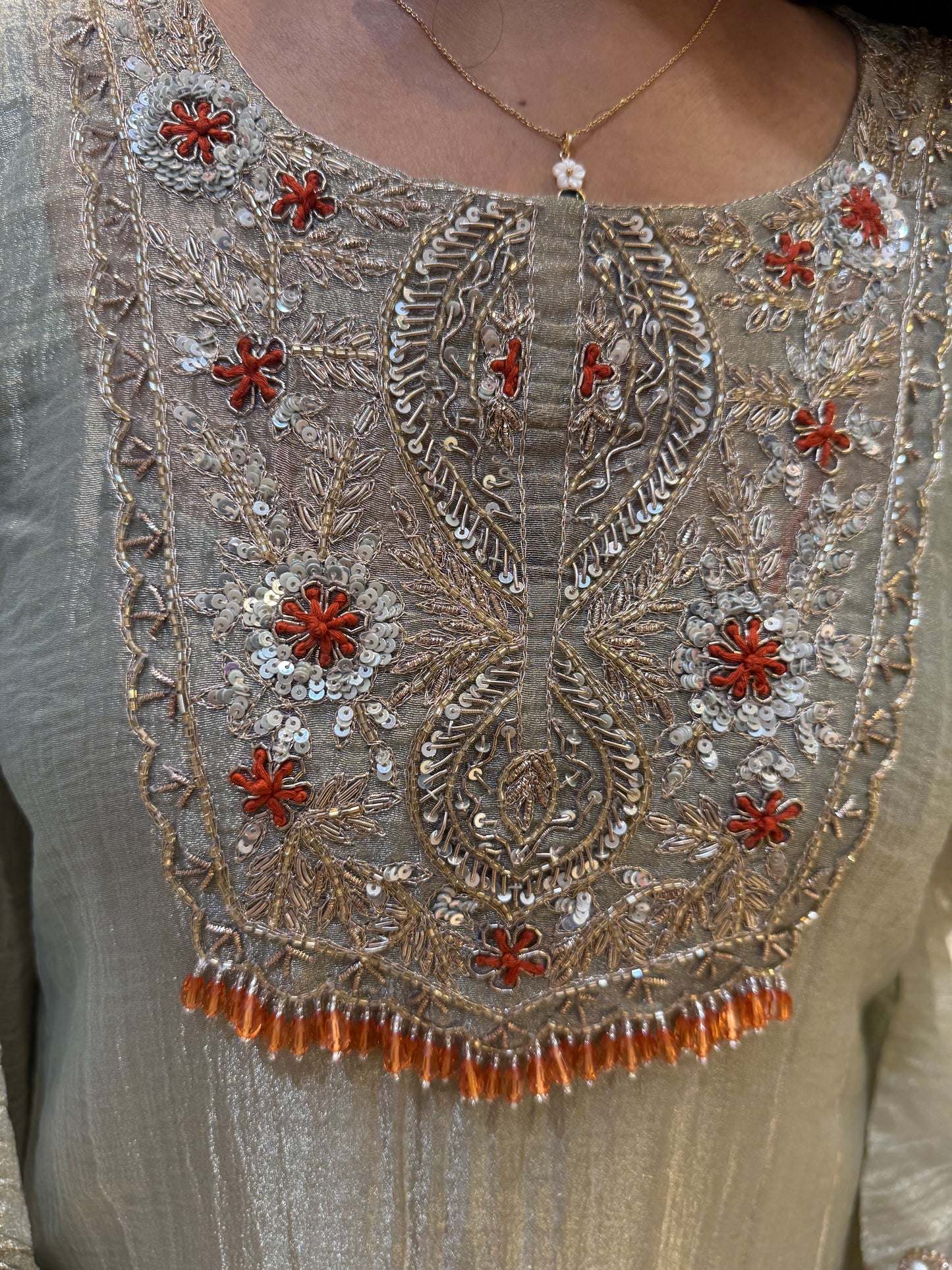 Shimmer Crush Hand Embroidery Kaftan Kurti With Pant-HSC157
