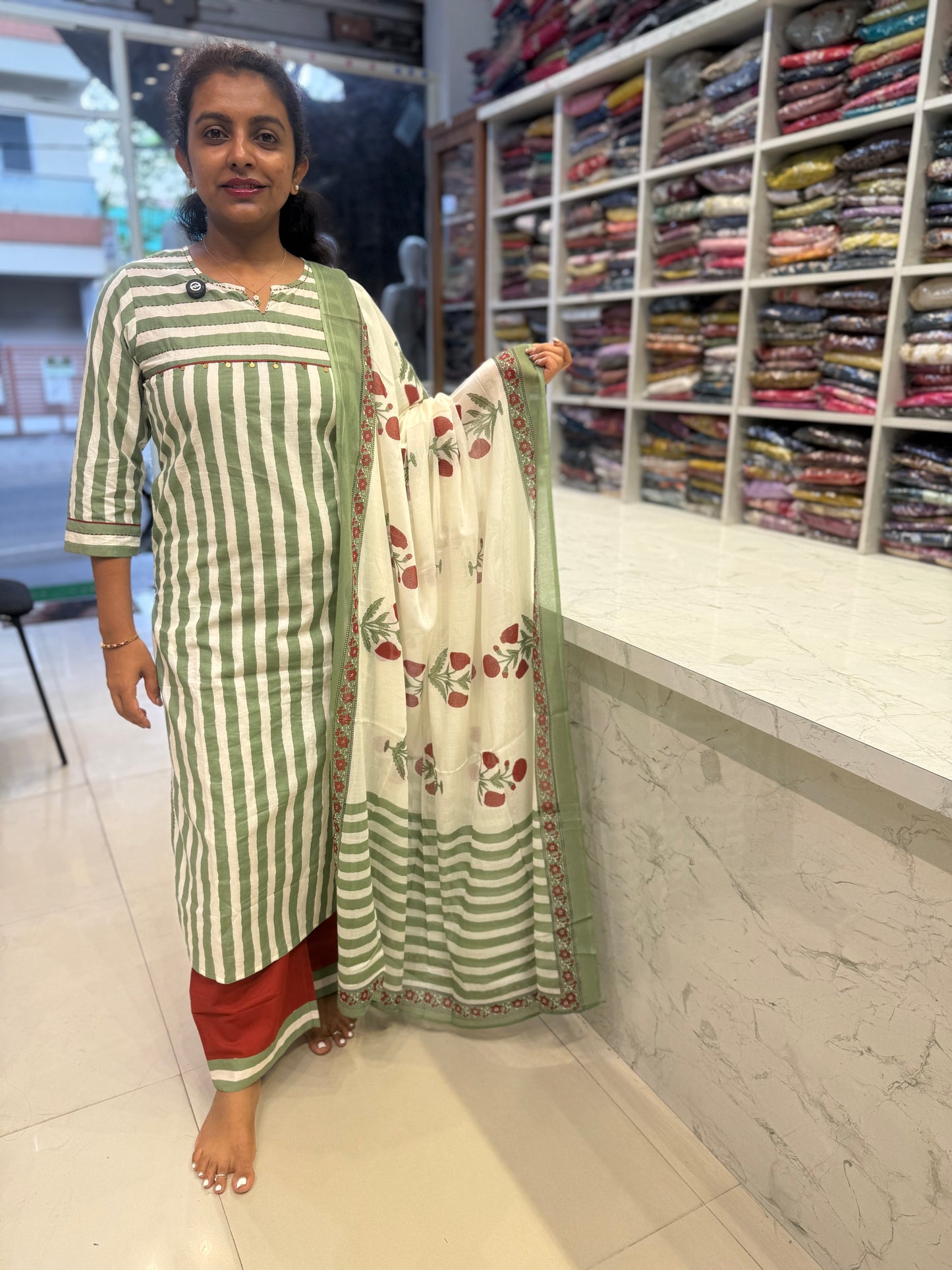 Sage Green Stripes Kurti With Marron Pant and Block Printed Dupatta