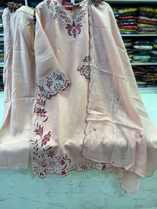 Peach Embroidery Kurti With Pant and Scallop Cut Dupatta -HSC1274