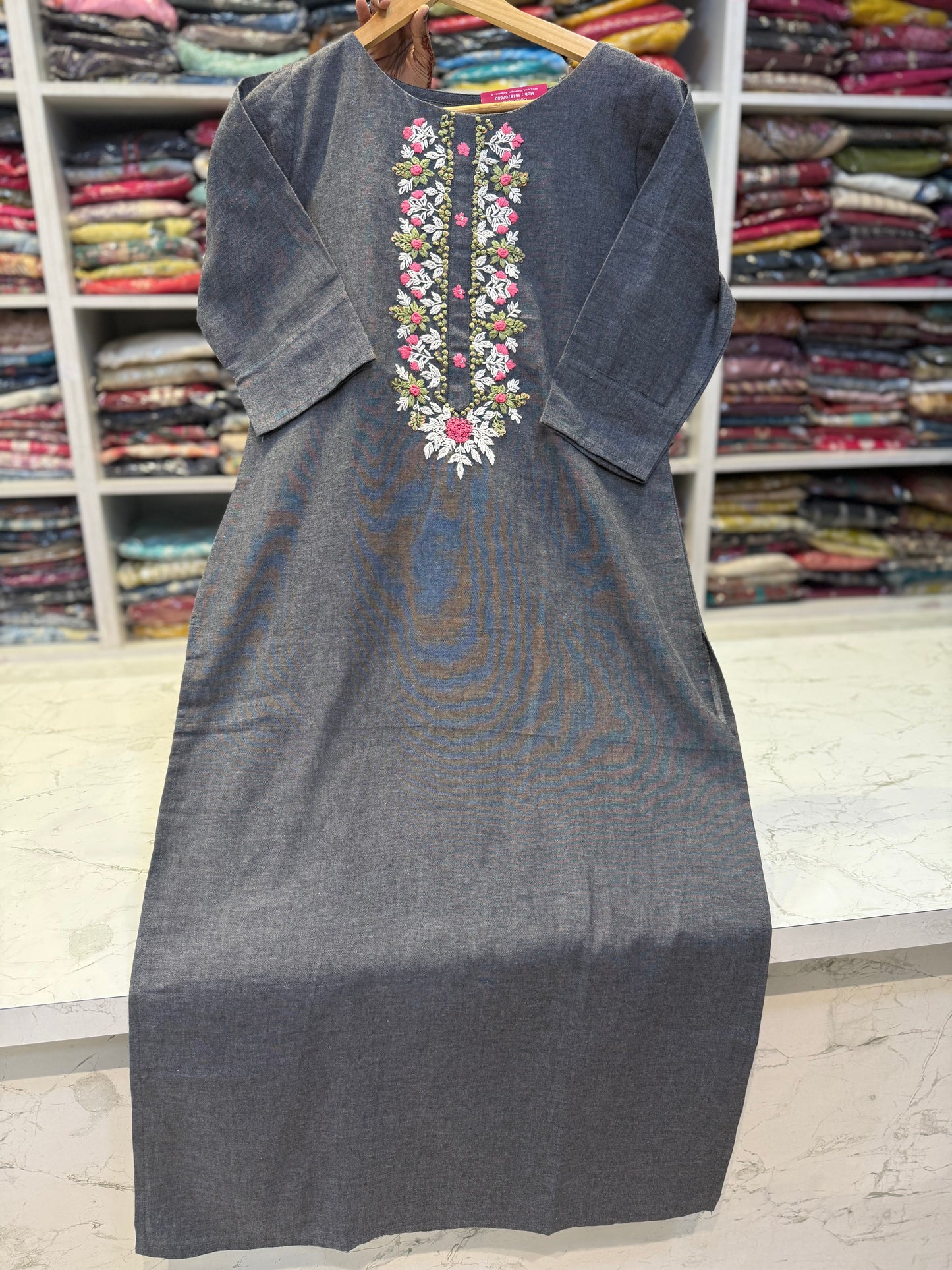 Grey Embroidery Cotton Straight Cut Kurti