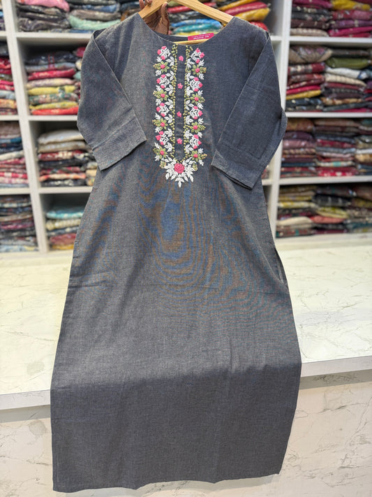Grey Embroidery Cotton Straight Cut Kurti