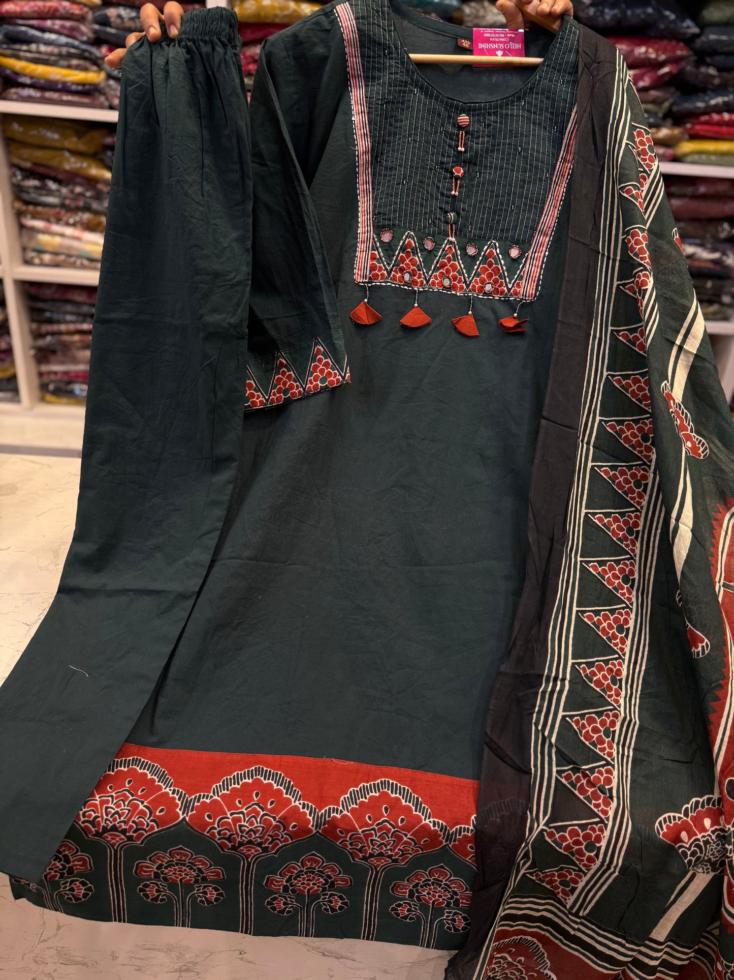 Green Cotton Kurti With Pant and Dupatta
