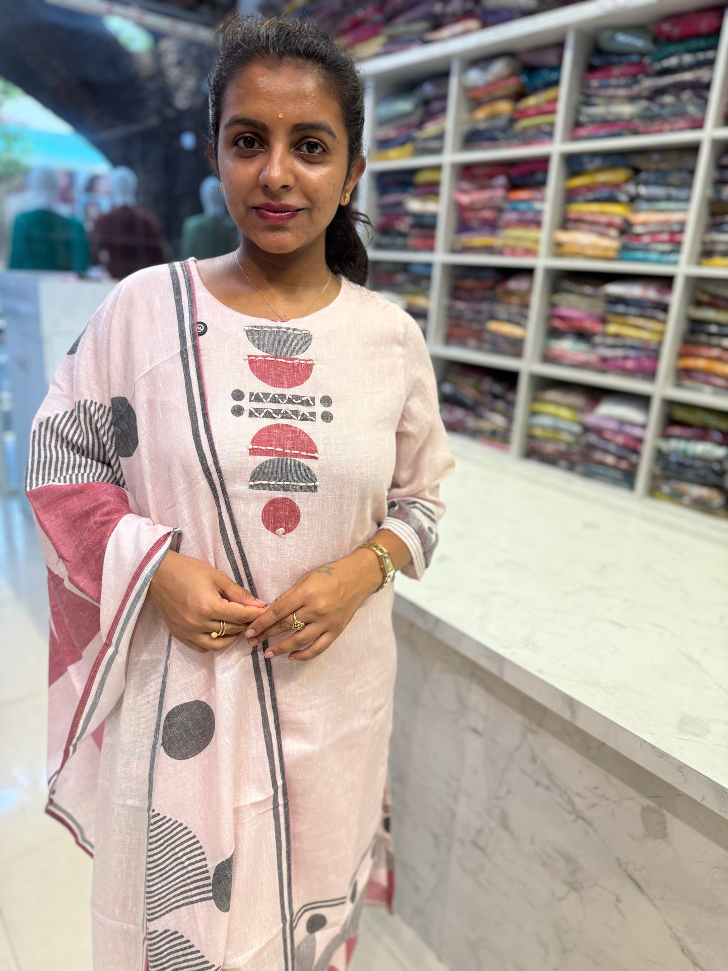 Pure Linen Pastel Pink Thread Embroidery Kurti With Pant and Dupatta-HSC75