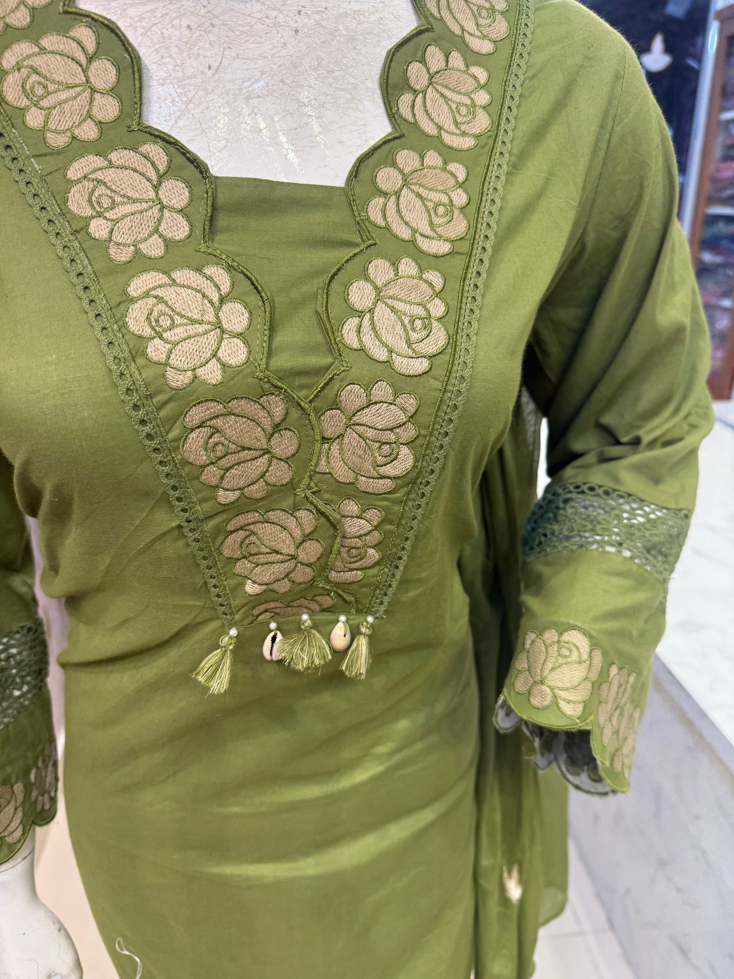Scallop Cutwork Cotton Kurti With Pant And Dupatta