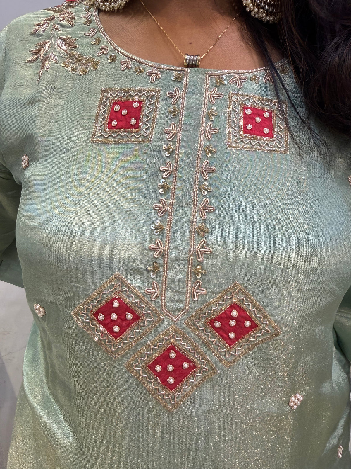 Shimmer Tissue Pure Silk Hand Embroidery  Kurti With Divider cut Pant and Scallop cut Dupatta -HSC1339