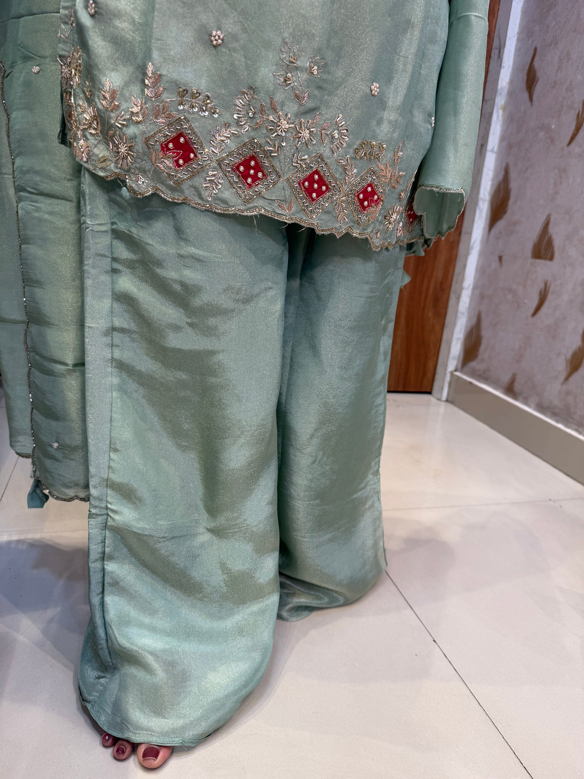 Shimmer Tissue Pure Silk Hand Embroidery  Kurti With Divider cut Pant and Scallop cut Dupatta -HSC1339