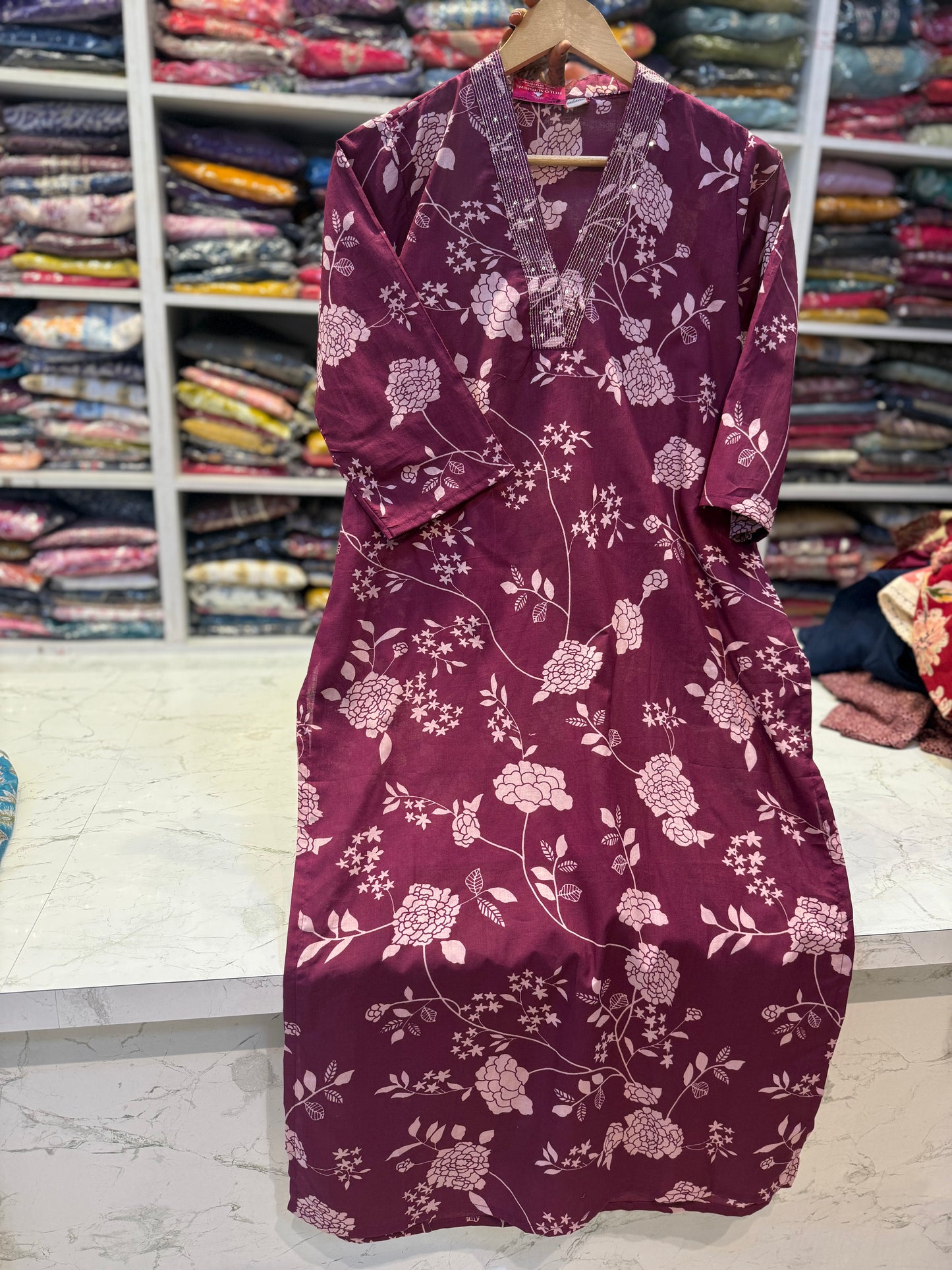 Wine V-neck Cotton Kurti