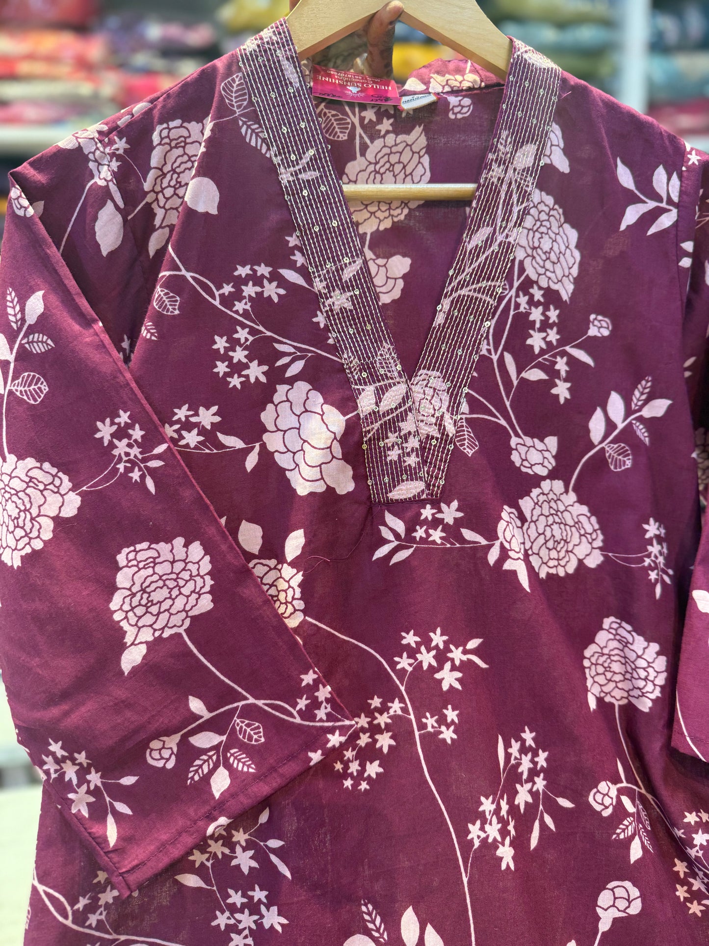 Wine V-neck Cotton Kurti