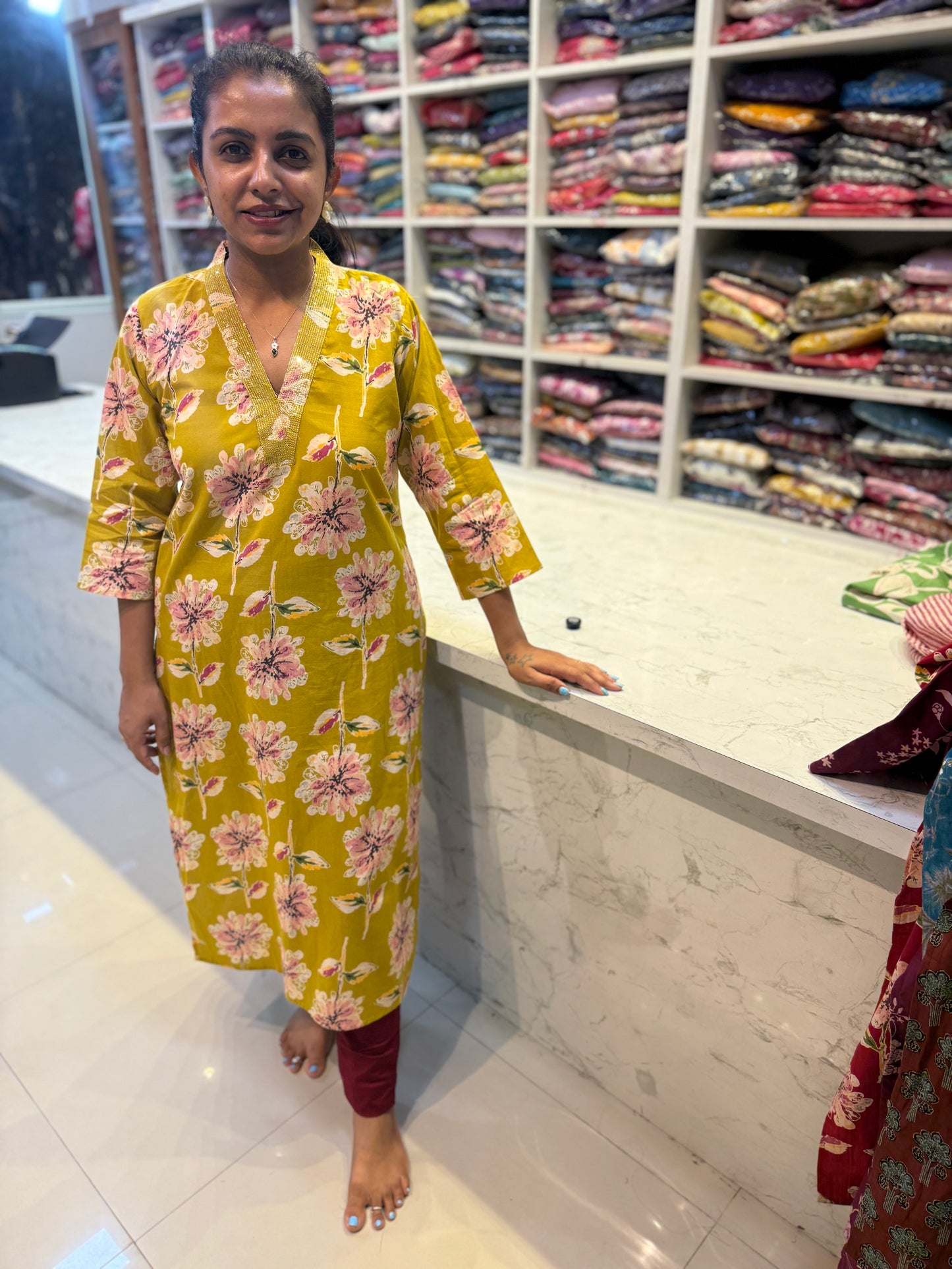 Green V-neck Cotton Kurti