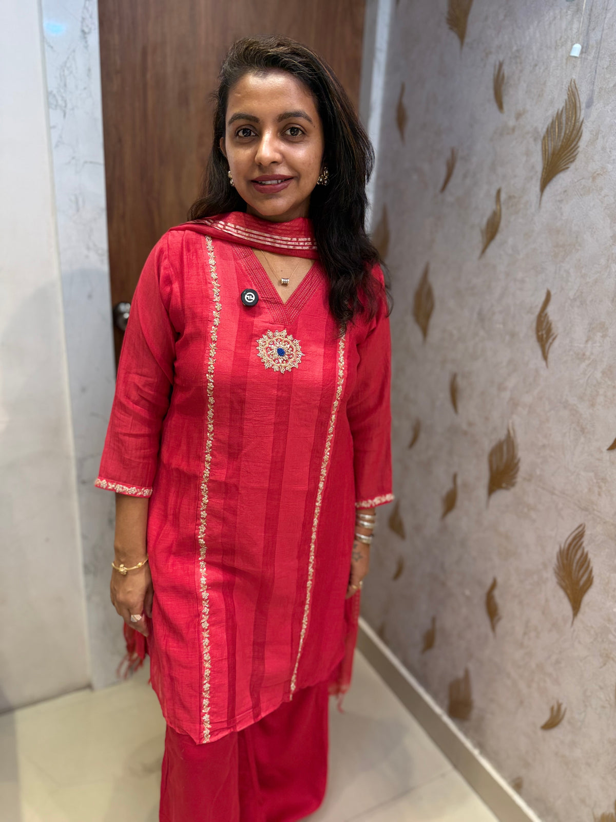 Red Hand Embroidery Kurti With Divider Cut Pant and Duaptta -HSC1338