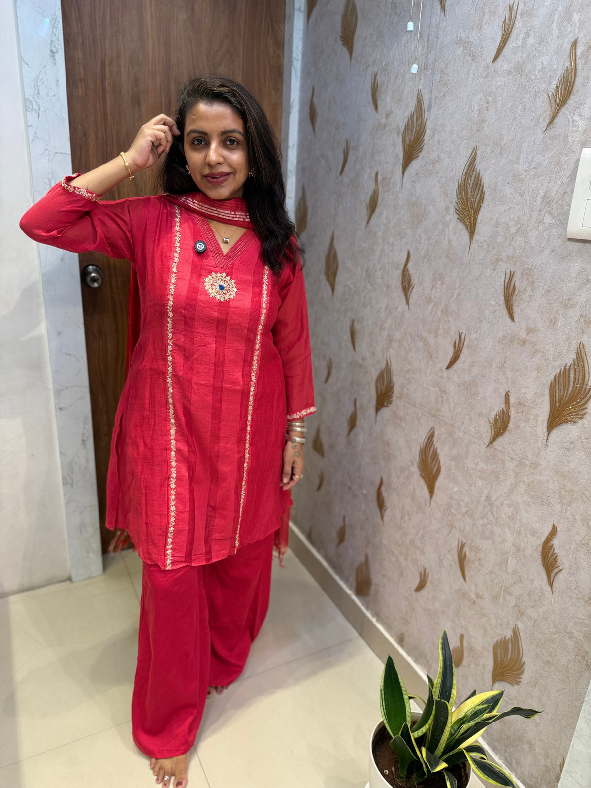 Red Hand Embroidery Kurti With Divider Cut Pant and Duaptta -HSC1338