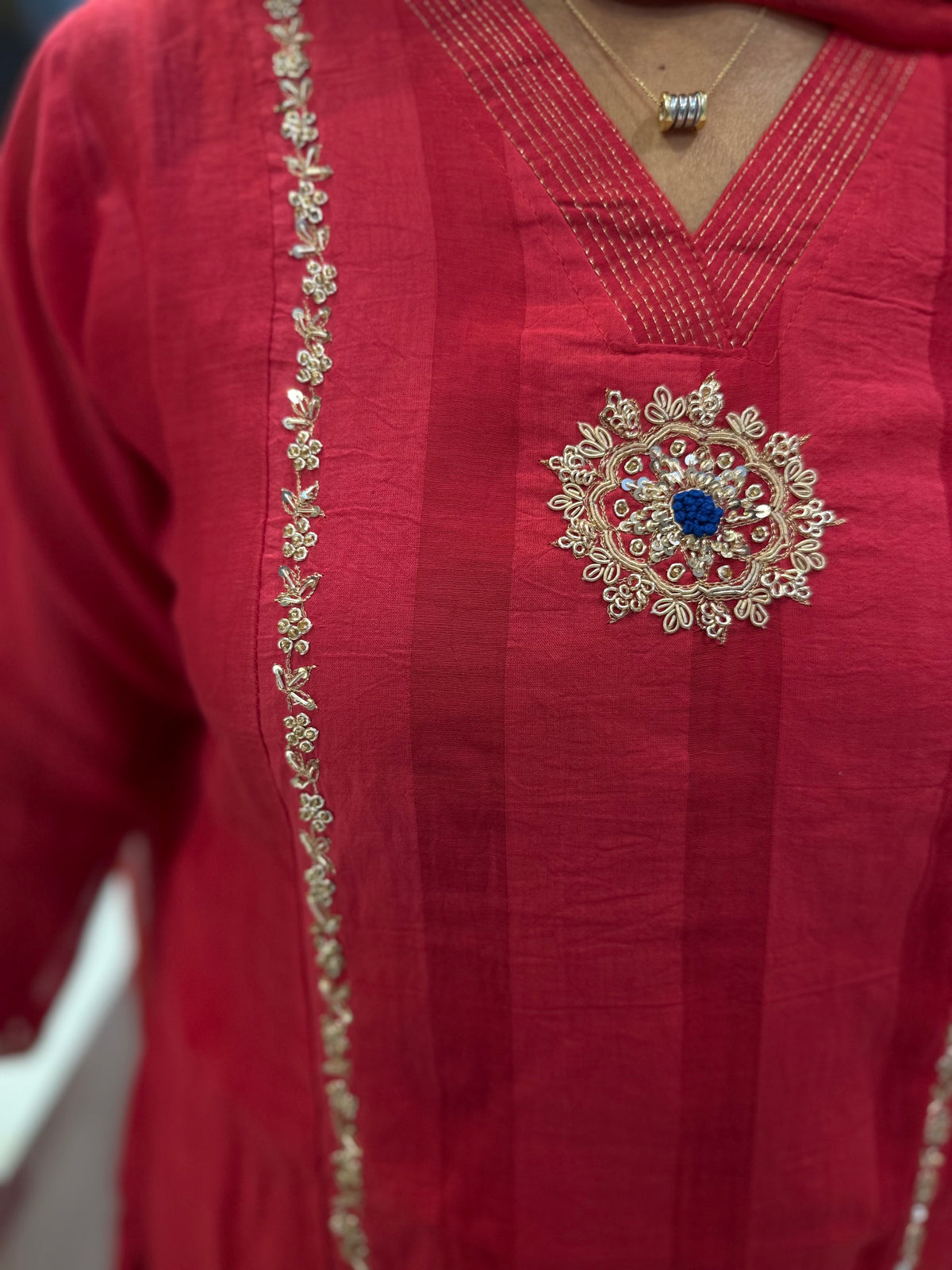 Red Hand Embroidery Kurti With Divider Cut Pant and Duaptta -HSC1338